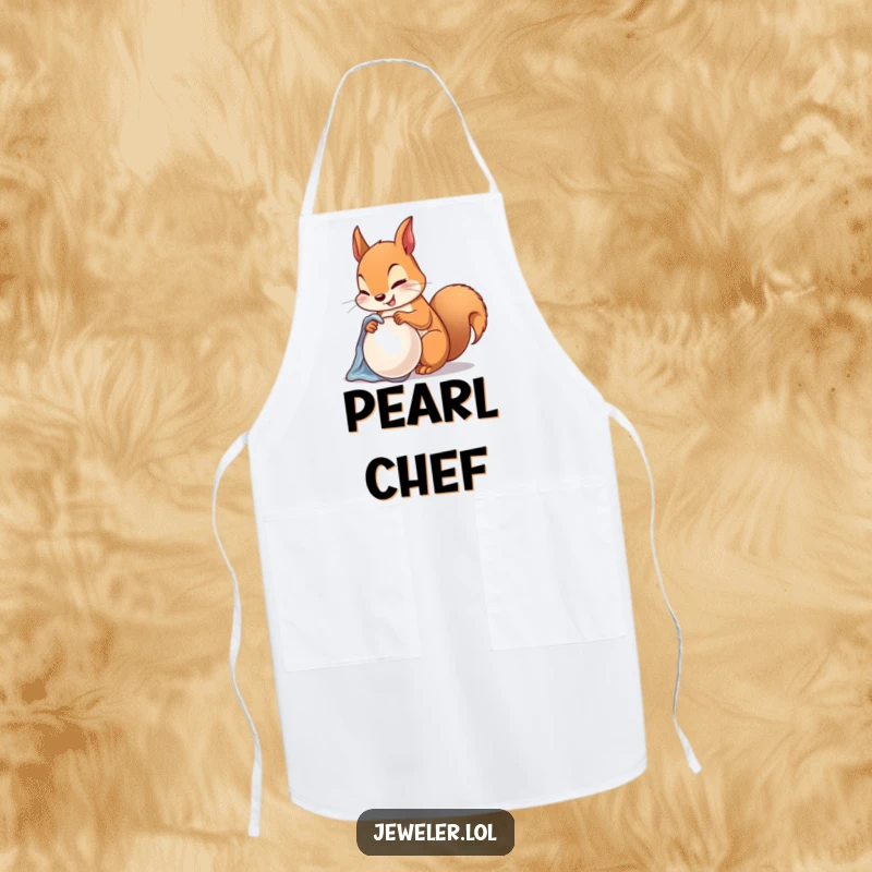 Funny Apron depicting a happy squirrel polishing a lustrous pearl with a soft cloth, perfect for a sophisticated humorous kitchen.