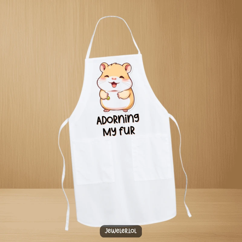 Funny hamster apron with a contented hamster wearing a tiny chef hat, holding a small, gleaming bracelet, ready to create delicious meals.