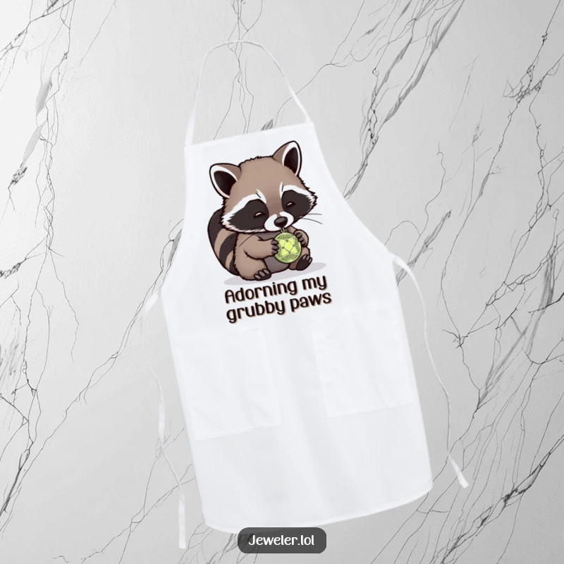 Funny raccoon apron depicting a playful raccoon with a tiny chef hat, carefully examining a tiny, intricate pendant, ready to whip up delicious meals.