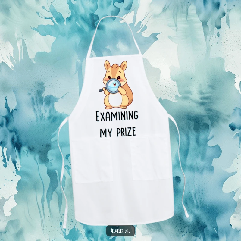 Funny squirrel apron with a happy squirrel wearing a tiny chef hat, holding a magnifying glass to a shiny ring, ready to create delicious dishes.