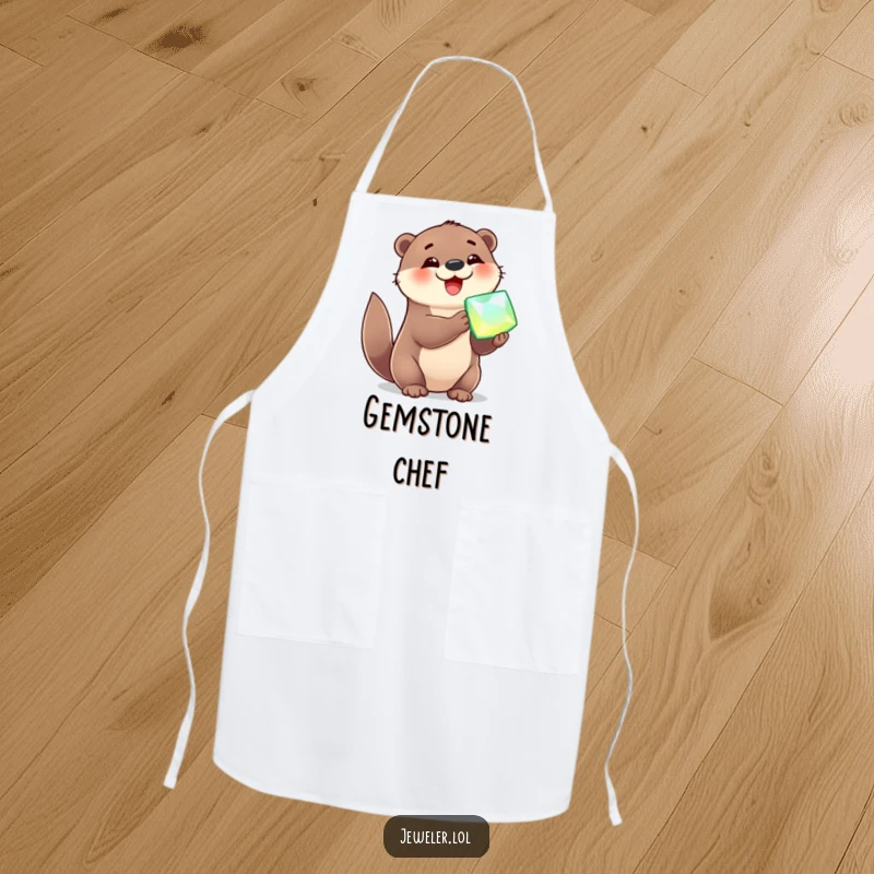 Funny Apron depicting a cheerful otter admiring a large, sparkling gemstone with absolute delight, ideal for kitchen humor.