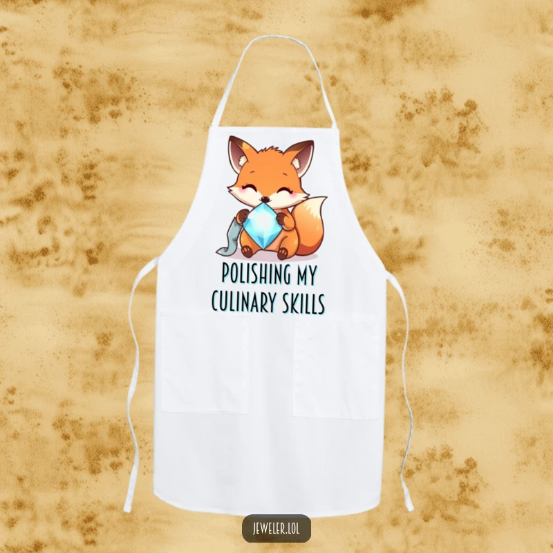 Funny cheerful fox polishing a sparkling gem, printed on a kitchen apron, ready for culinary adventures.