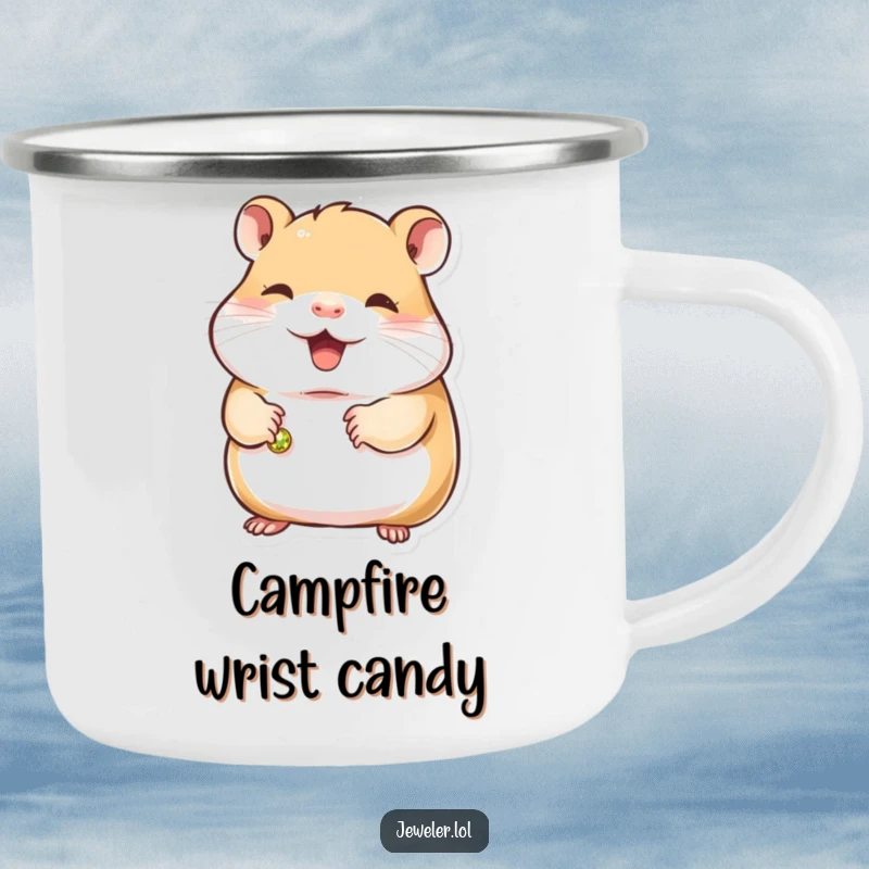 Funny hamster camping mug showing a contented hamster holding a small, gleaming bracelet, perfect for outdoor enthusiasts who love nature's little sparkles.