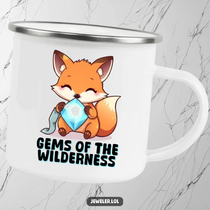 Funny cheerful fox polishing a sparkling gem, ready for camping, depicted on a sturdy mug, perfect for outdoor enthusiasts.