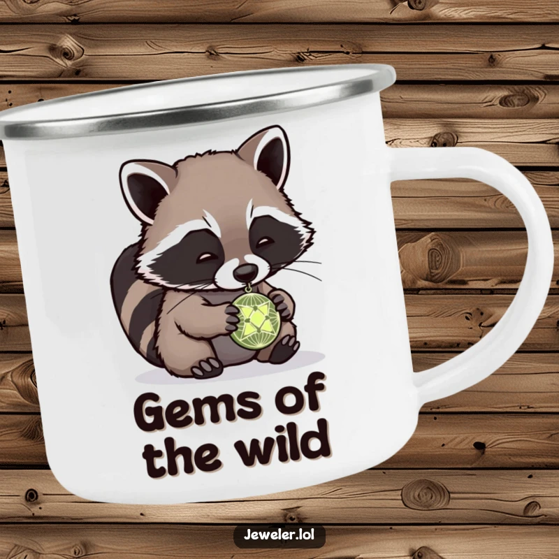 Funny raccoon camping mug showing a playful raccoon examining a tiny, intricate pendant, perfect for outdoor enthusiasts who love nature's details.