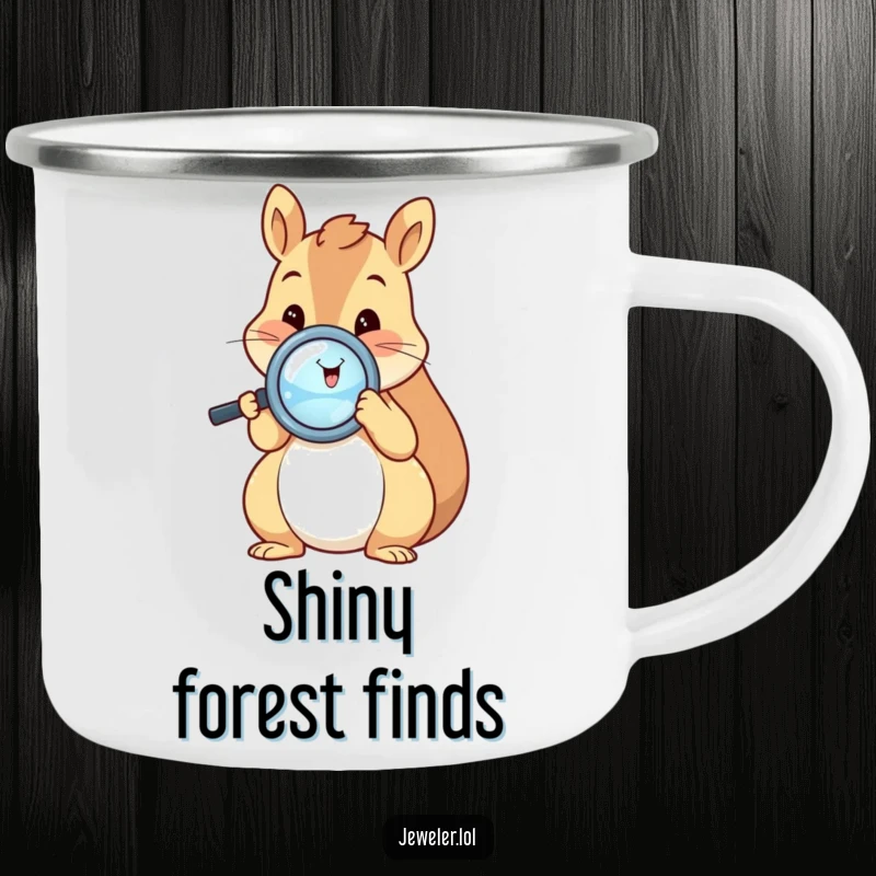 Funny squirrel camping mug showing a happy squirrel holding a magnifying glass to a shiny ring, perfect for outdoor enthusiasts who love nature's treasures.