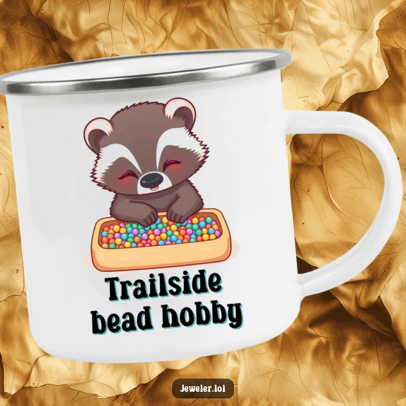Funny badger camping mug showing a giggling badger arranging tiny beads in a tray, perfect for outdoor enthusiasts who love detailed artistry.