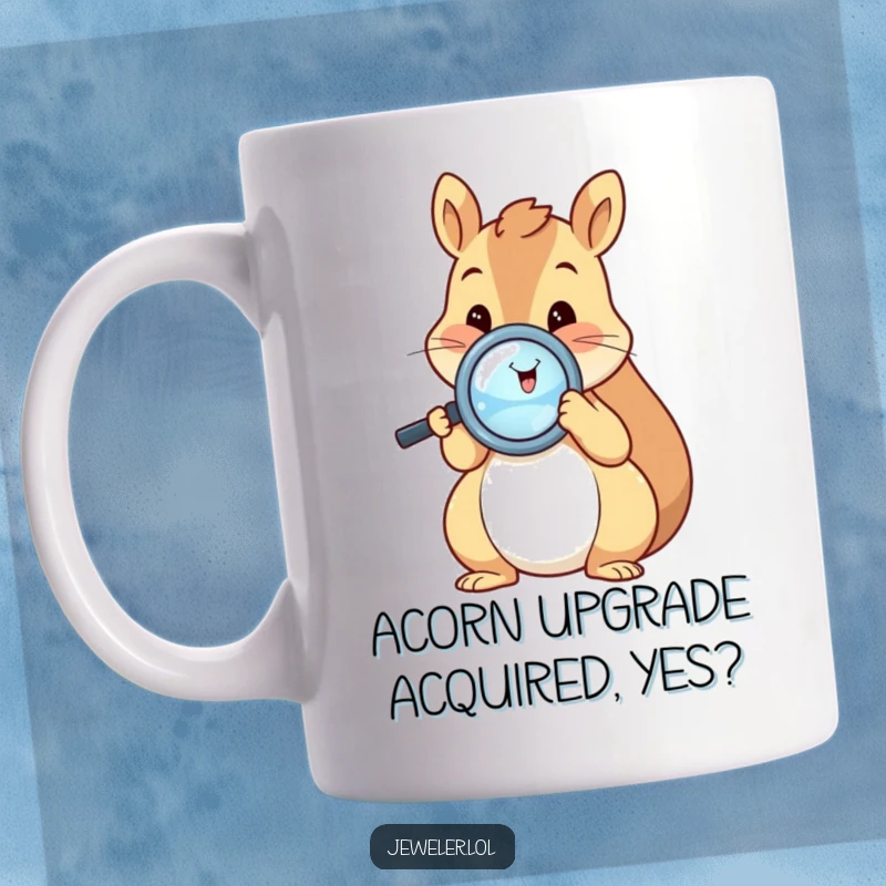 Funny squirrel mug featuring a happy squirrel using a magnifying glass to inspect a shiny ring, showcasing its enthusiastic treasure hunt.
