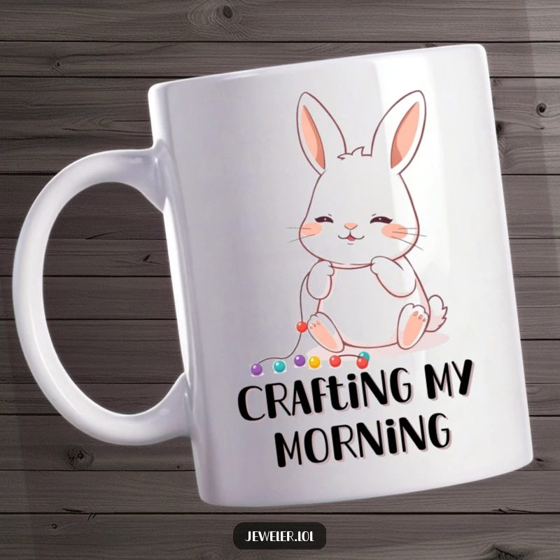 Funny Mug depicting a playful rabbit carefully stringing tiny colorful beads onto a thread with intense concentration.