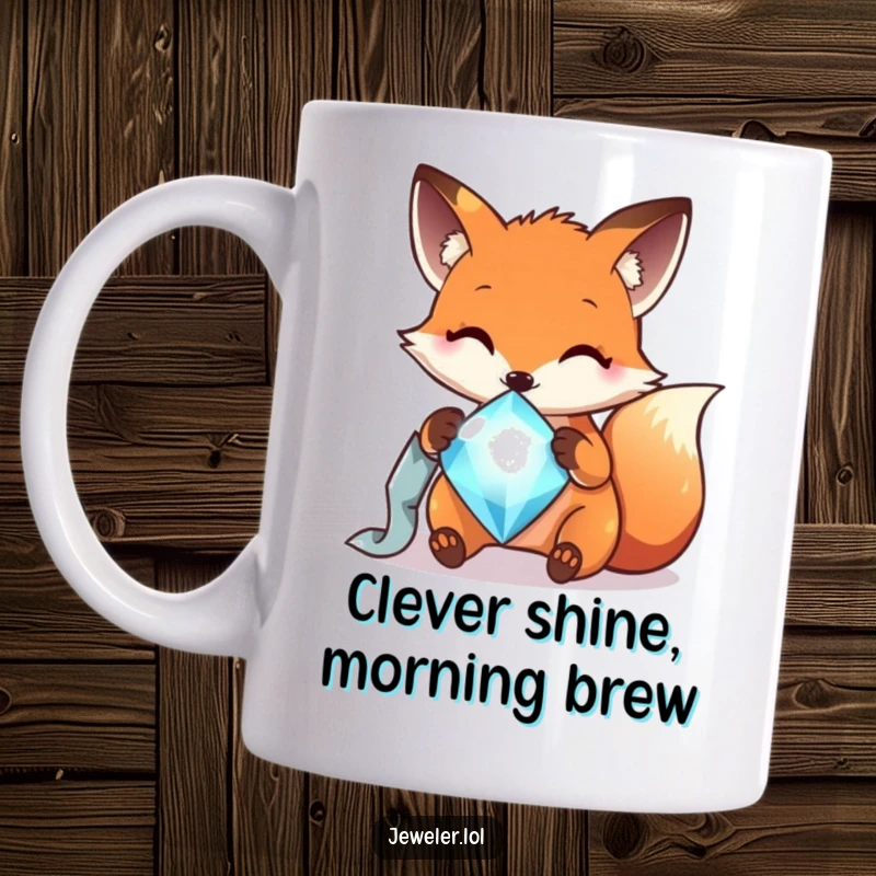 Funny cheerful fox polishing a sparkling gem with a soft cloth on a mug, celebrating meticulous shine.