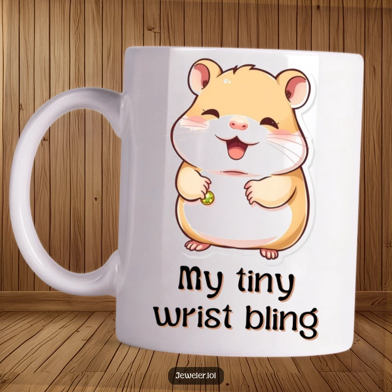 Funny hamster mug featuring a contented hamster gently holding a small, gleaming bracelet, showcasing its sweet nature and love for shiny trinkets.