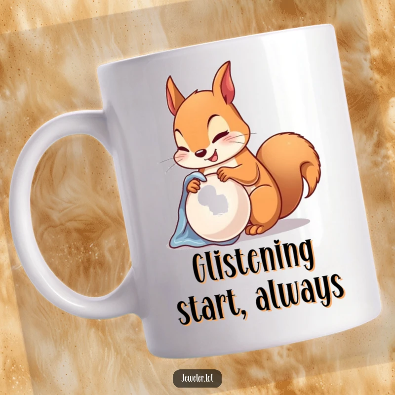Funny Mug showing a happy squirrel carefully polishing a large, lustrous pearl with a soft white cloth.