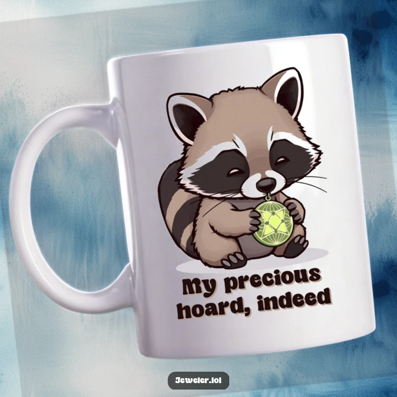 Funny raccoon mug featuring a curious raccoon intently examining a tiny, intricate pendant with a magnifying glass, showcasing its meticulous nature.