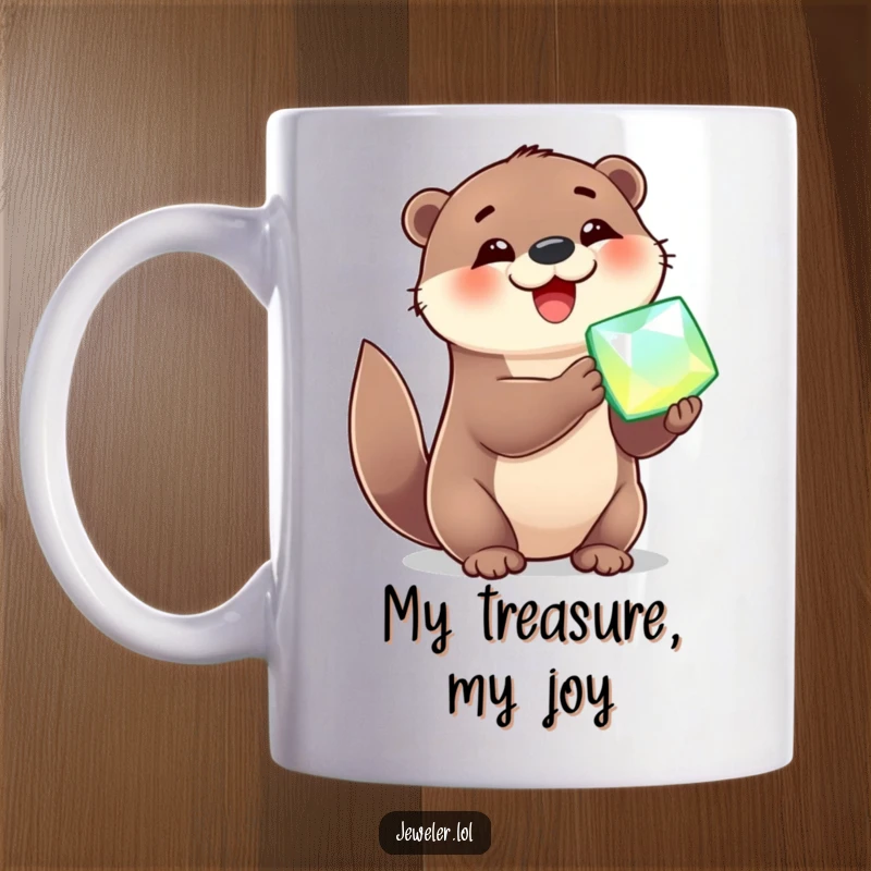 Funny Mug of a cheerful otter joyfully clutching a large, sparkling gemstone with pure delight, perfect for gem lovers.