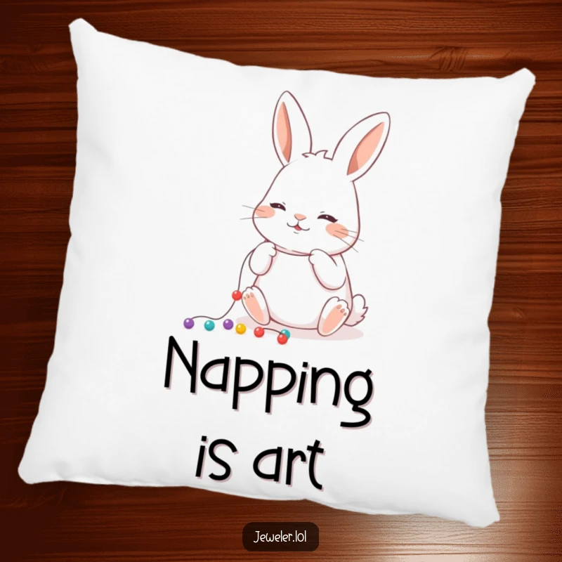 Funny Pillow featuring a playful rabbit concentrating on stringing tiny beads onto a thread, a soft and humorous accent.