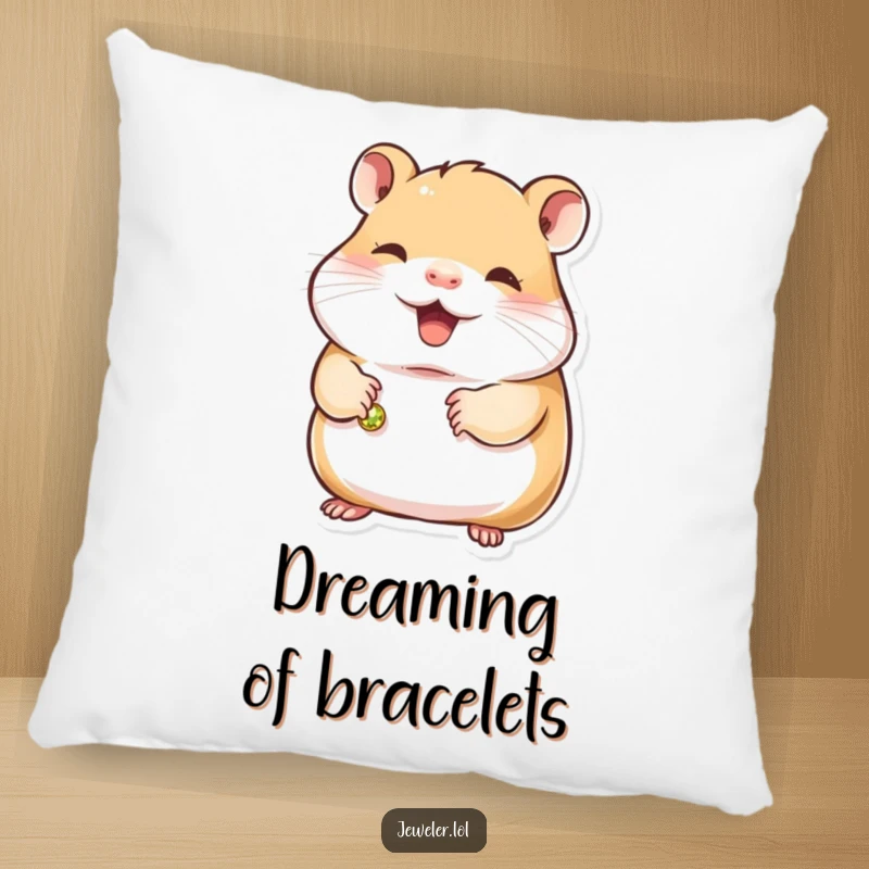 Funny hamster pillow showing a contented hamster holding a small, gleaming bracelet, adding a charming and humorous touch to any living space.