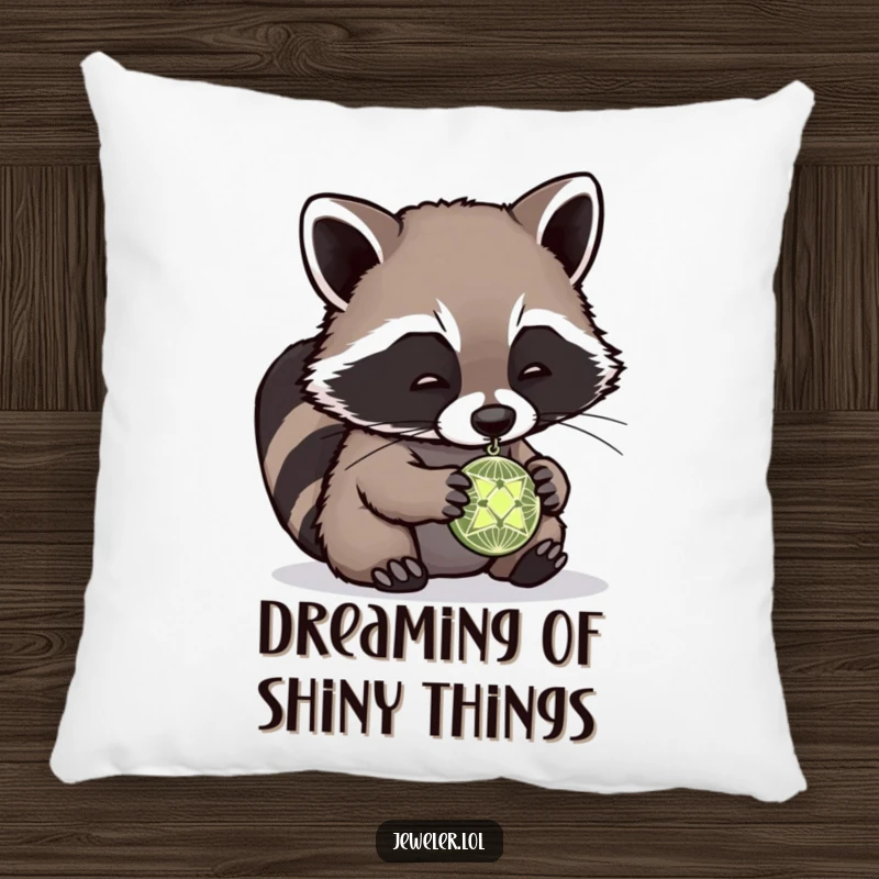 Funny raccoon pillow showing a cute raccoon examining a tiny, intricate pendant, adding a whimsical and humorous touch to any living space.