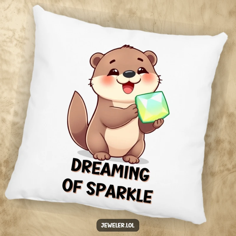Funny Pillow featuring a cheerful otter looking delighted while holding a shiny, sparkling gemstone, a soft and humorous decor item.