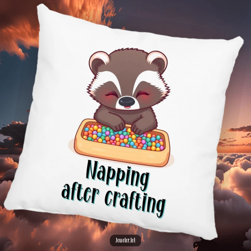 Funny badger pillow showing a giggling badger arranging tiny beads in a tray, adding a whimsical and humorous touch to any room.