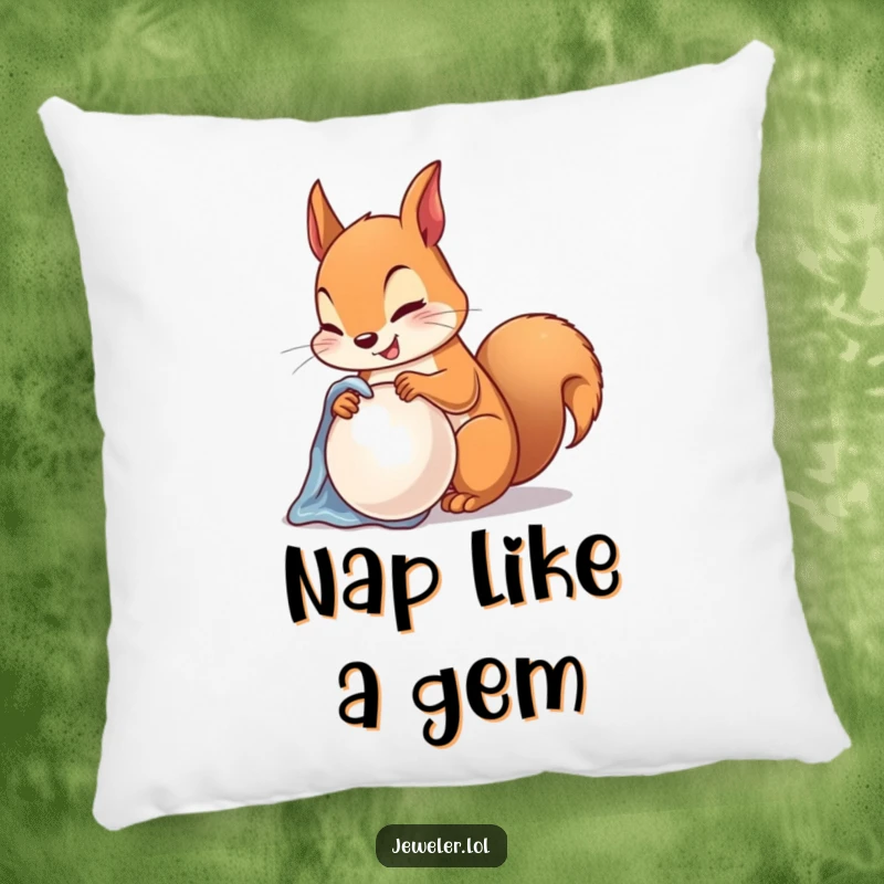 Funny Pillow featuring a happy squirrel polishing a lustrous pearl with a soft cloth, a soft and humorous decor piece.