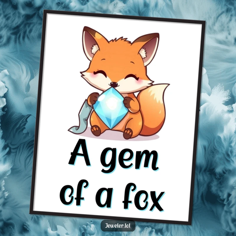 Funny cheerful fox polishing a sparkling gem with a soft cloth, high-resolution digital art print, bringing clever humor to decor.