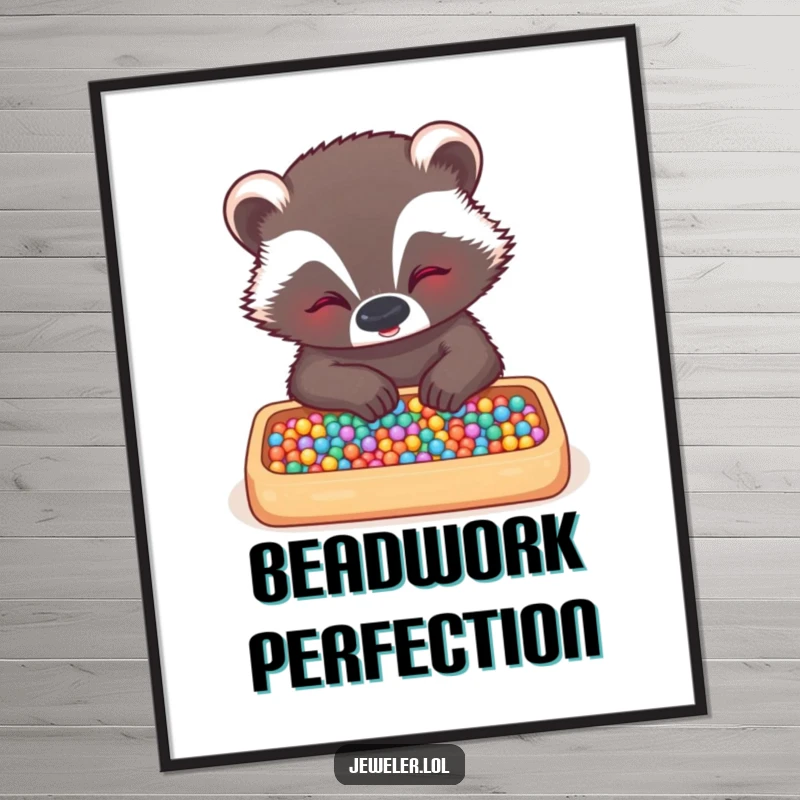 Funny badger digital art print of a giggling badger meticulously arranging tiny beads in a tray, ideal for adding whimsical decor and humor.