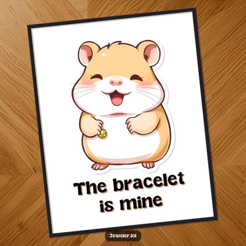 Funny hamster digital art print of a contented hamster holding a small, gleaming bracelet, ideal for adding whimsical decor and humor.