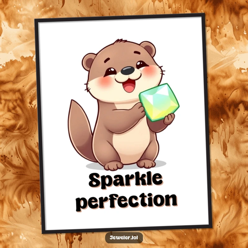 Funny Digital Art Print of a cheerful otter holding a sparkling gemstone with absolute delight, perfect for humorous decor.