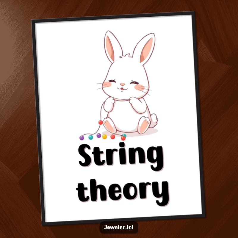 Funny Digital Art Print of a playful rabbit carefully stringing tiny beads onto a thread, perfect for humorous artistic decor.