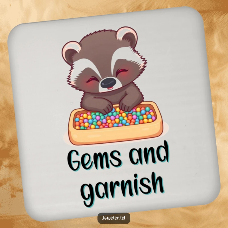 Funny badger coaster featuring a giggling badger meticulously arranging tiny beads in a tray, adding a touch of humor and artistry to any table.