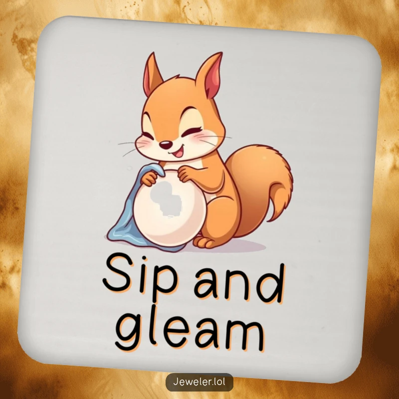 Funny Drink Coasters showing a happy squirrel polishing a lustrous pearl with a soft cloth, a stylish and humorous set.