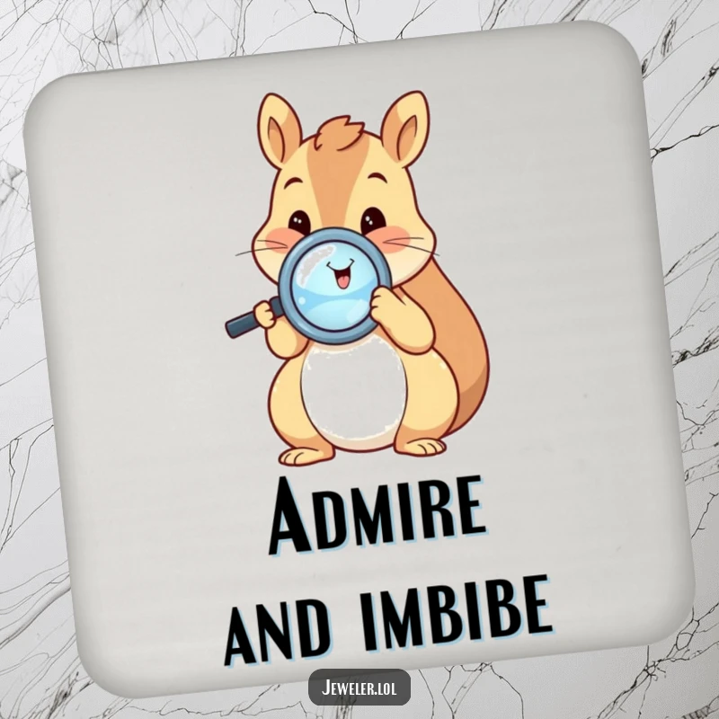 Funny squirrel coaster featuring a happy squirrel examining a shiny ring with a magnifying glass, adding a touch of humor and charm to any table.