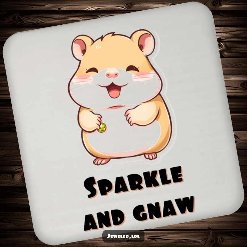 Funny hamster coaster featuring a contented hamster holding a small, gleaming bracelet, adding a touch of charm and humor to any table.