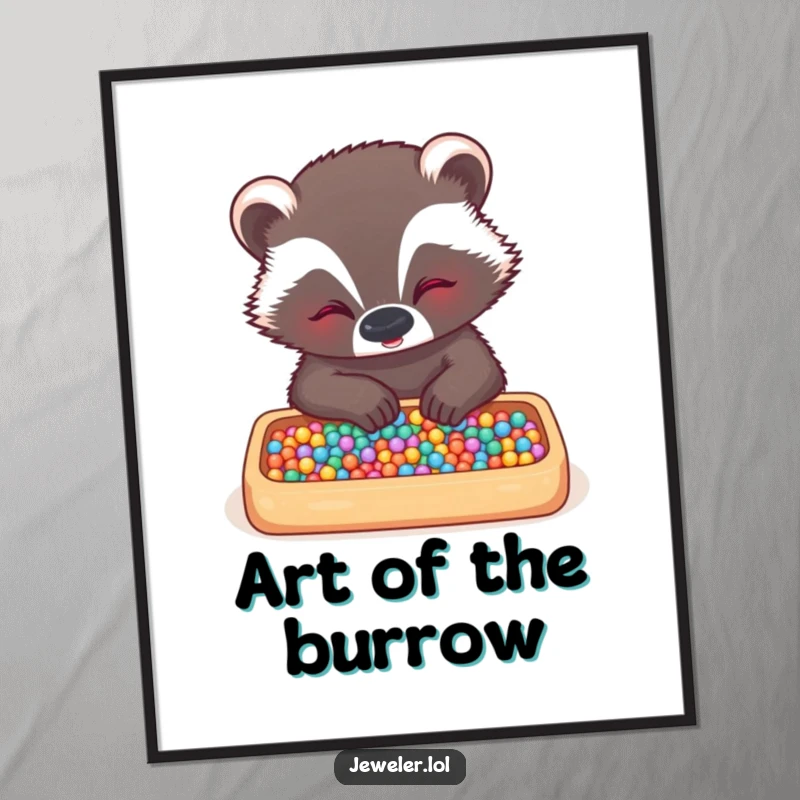 Funny badger poster featuring a giggling badger intently arranging tiny beads in a tray, capturing a moment of artistic focus and cheerful dedication.