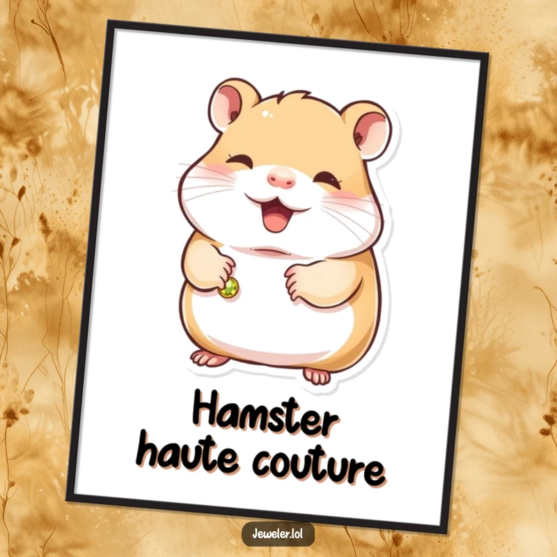 Funny hamster poster featuring a contented hamster holding a small, gleaming bracelet, capturing a moment of sweet appreciation and quiet joy.