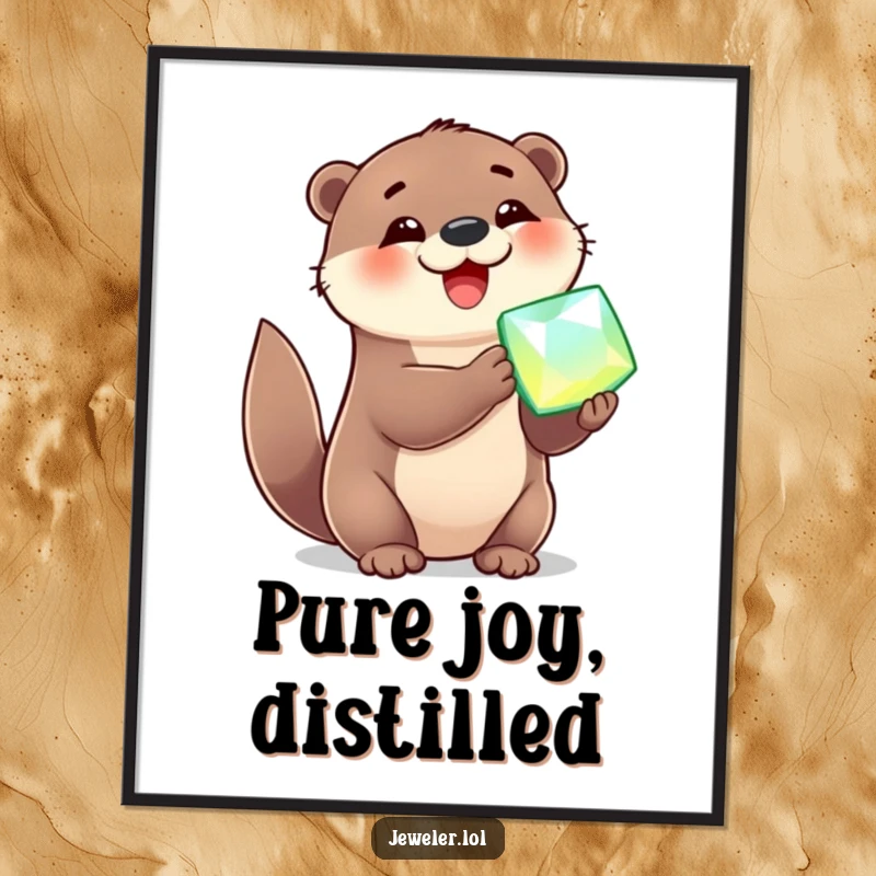 Funny Poster of a cheerful otter joyfully displaying a dazzling, sparkling gemstone, perfect humorous wall art for collectors.