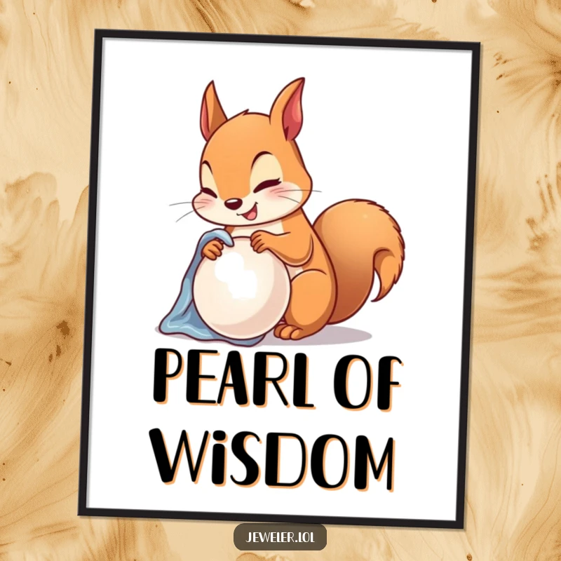 Funny Poster illustrating a happy squirrel meticulously polishing a lustrous pearl with a soft cloth, elegant humorous decor.