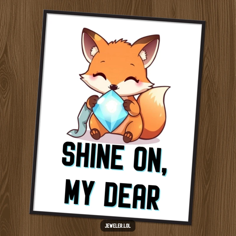 Funny cheerful fox polishing a sparkling gem with a soft cloth, presented as a poster, bringing a touch of elegance and humor.
