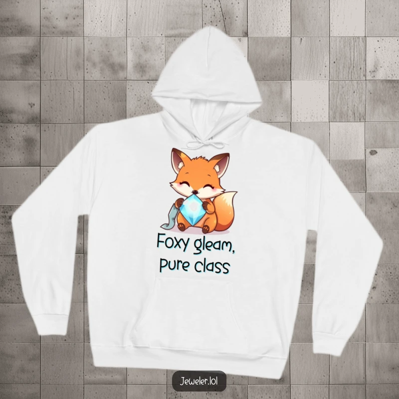 Funny fox polishing a sparkling gem, depicted on a comfortable hoodie, ideal for cozy, humorous lounging.