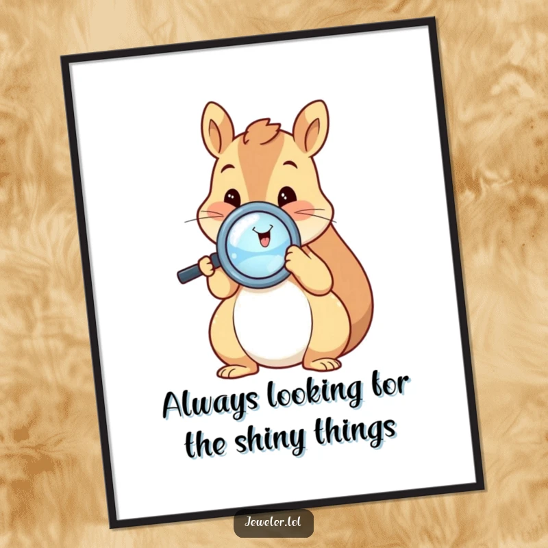 Funny free printable wall art of a happy squirrel holding a magnifying glass to a shiny ring, showcasing keen observation.