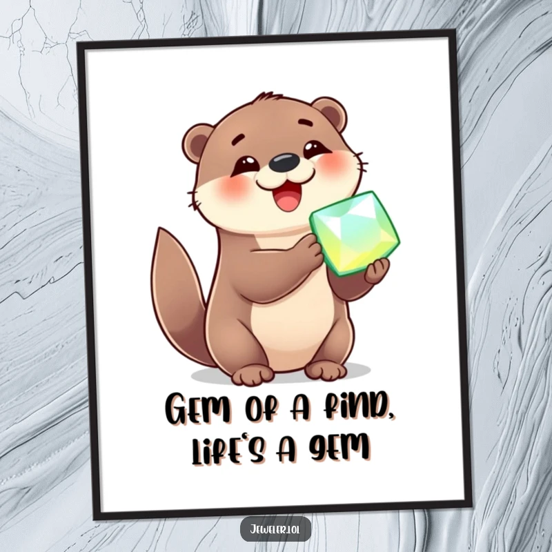 Funny free printable wall art depicting a cheerful otter holding a large, sparkling gemstone with pure delight and joy.