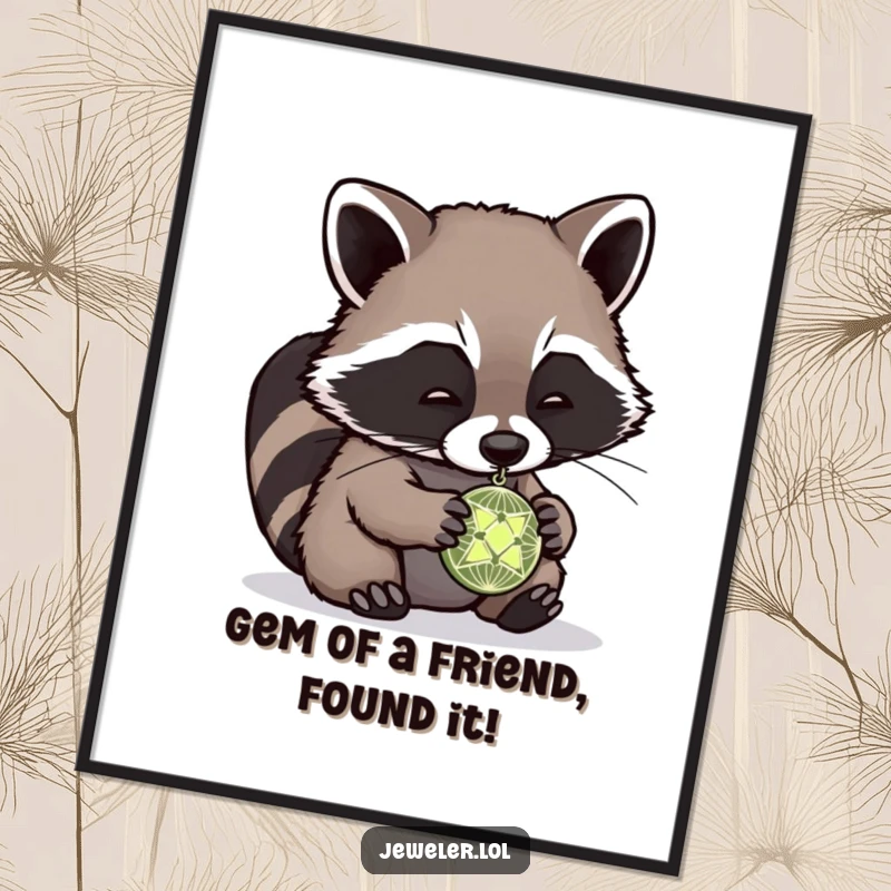 Funny free printable wall art of a playful raccoon examining a tiny, intricate pendant with keen interest and curiosity.