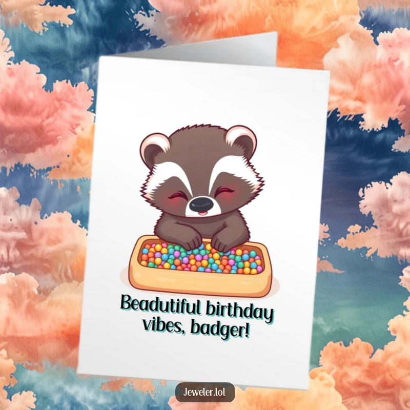 Funny free printable birthday card featuring a giggling badger carefully arranging tiny beads in a tray with intense focus.