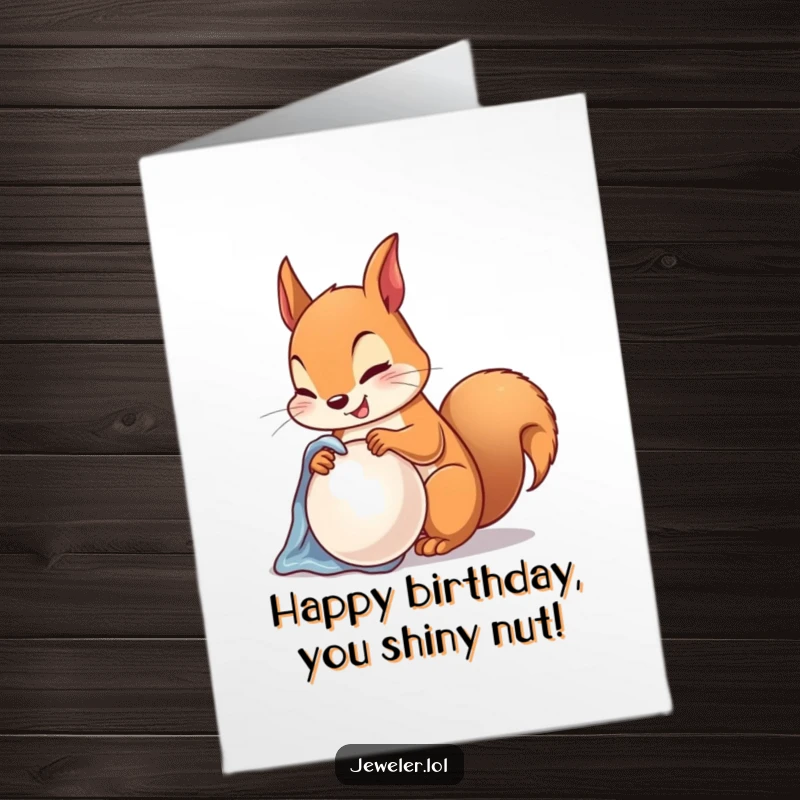 Funny free printable birthday card featuring a happy squirrel carefully polishing a lustrous pearl with a soft cloth.