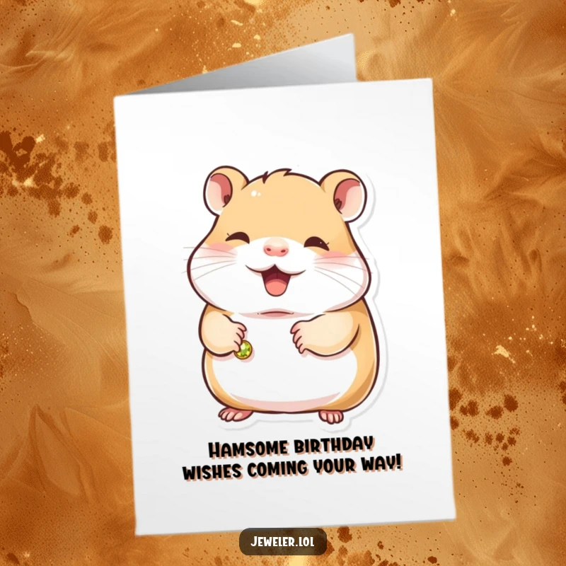 Funny free printable birthday card featuring a contented hamster holding a small, gleaming bracelet with a happy expression.
