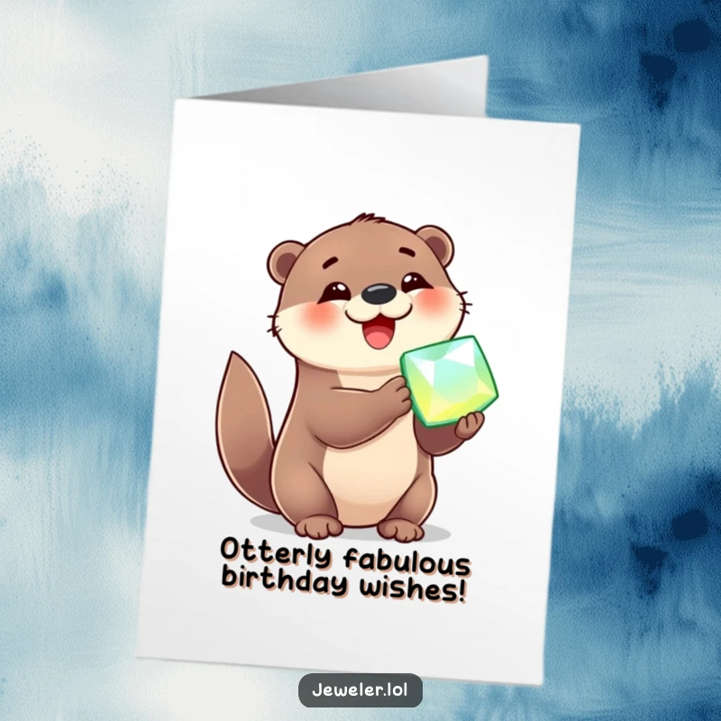 Funny free printable birthday card featuring a gleeful otter clutching a dazzling gemstone, ready for a birthday surprise.