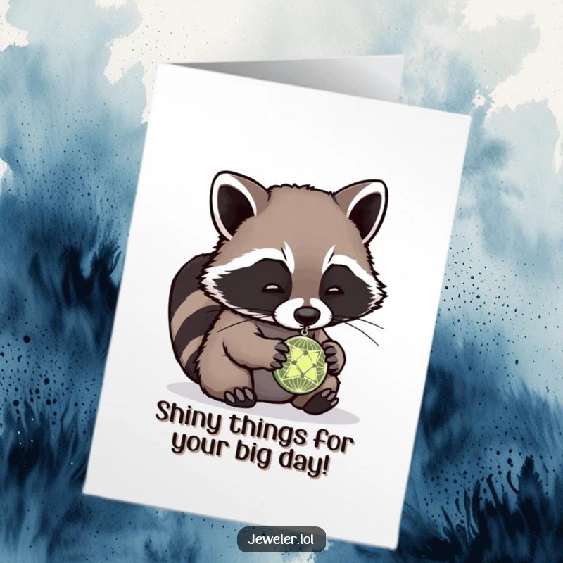 Funny free printable birthday card featuring a playful raccoon intently examining a tiny, sparkling pendant with wide eyes.