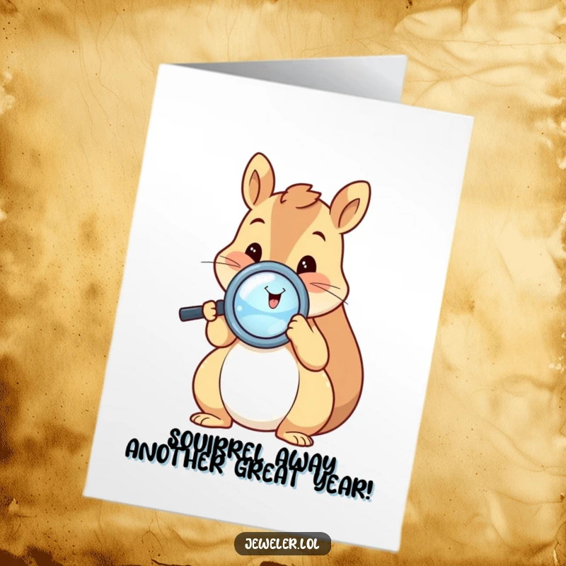 Funny free printable birthday card showing a happy squirrel inspecting a shiny ring through a magnifying glass with delight.
