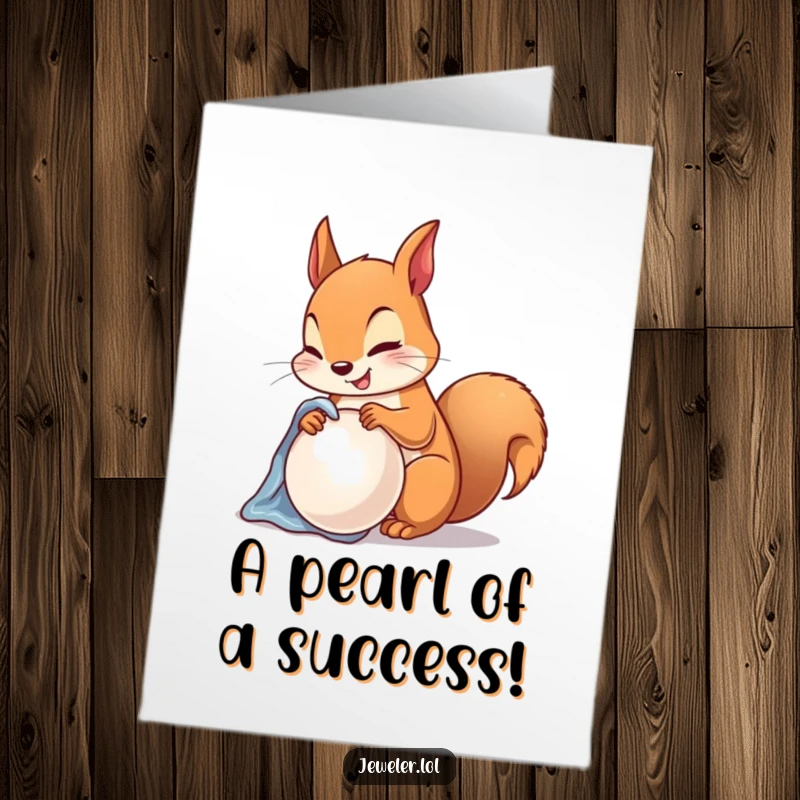 Funny free printable congratulations card showing a happy squirrel buffing a shiny pearl, celebrating a great success.