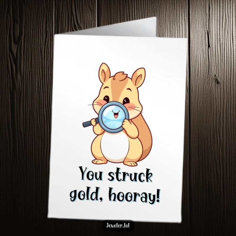 Funny free printable congratulations card featuring a happy squirrel examining a shiny ring with a magnifying glass, celebrating your success.